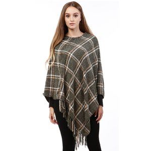 LOF Soft Chenille Plaid Color Cape Fringe Poncho